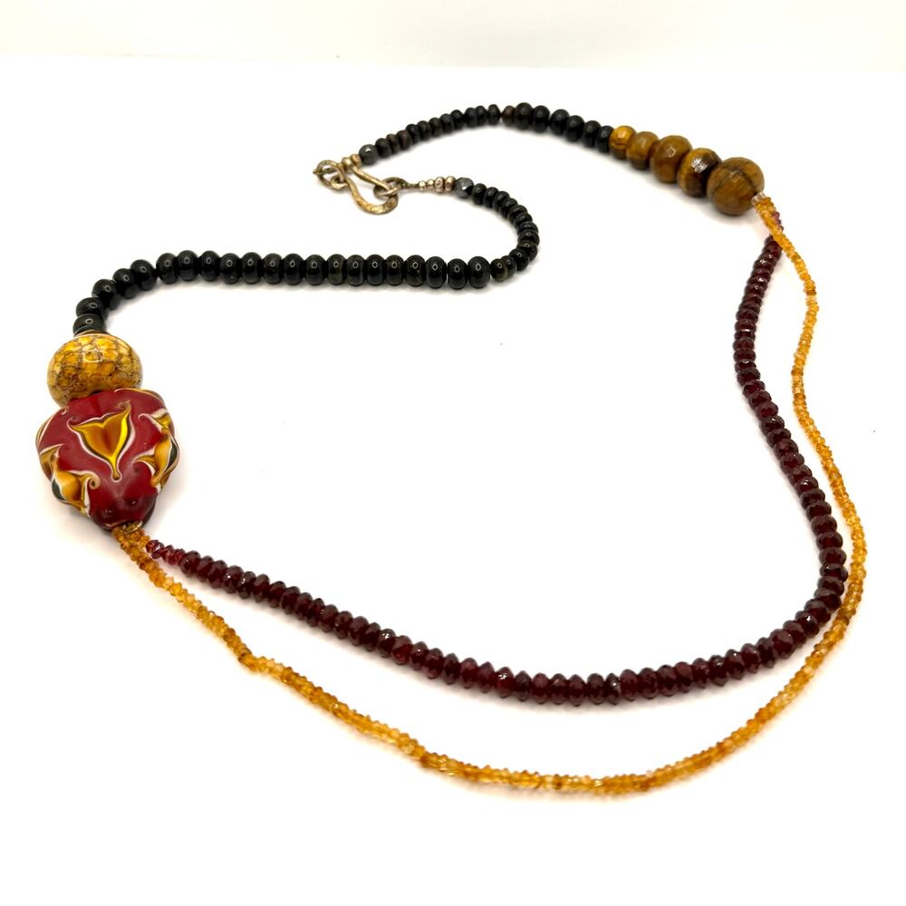 Vintage 90s Ruby Golden Topaz Tiger's Eye Dragon Head Glass Bead Necklace